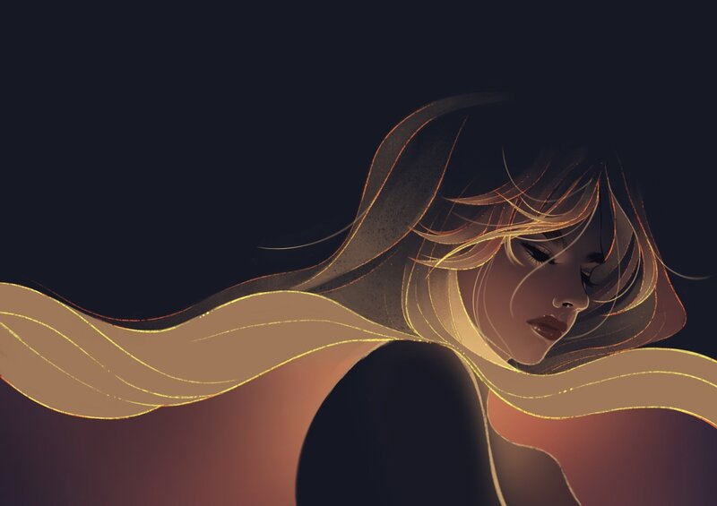 Woman with Flowing Hair — Black, Dramatic, Night, Digital Art, Shoulder