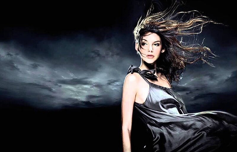 Woman with Flowing Hair — Black, Dramatic, Night, Photograph