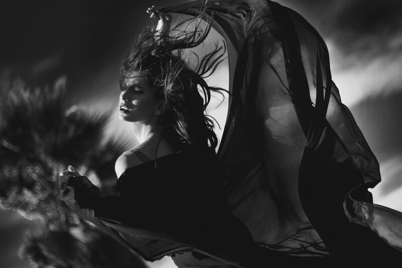 Woman with Flowing Hair — Black, Dramatic, Night
