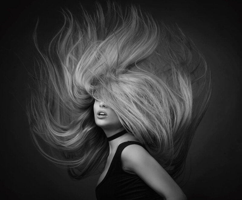 Woman with Flowing Hair — Black, Dramatic, Photograph, Black Top