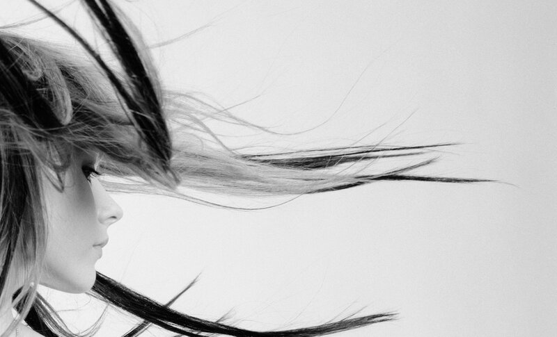 Woman with Flowing Hair — Black, Dramatic, Photograph, Profile