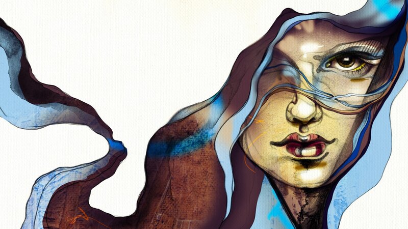 Woman with Flowing Hair — Blue, Dramatic, Digital Art, Eyes, Face, Brown