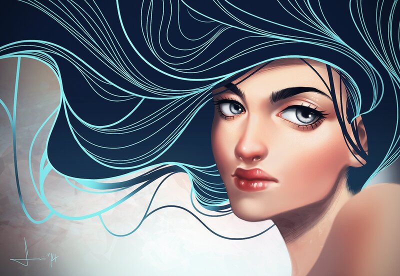 Woman with Flowing Hair — Blue, Dramatic, Digital Art, Eyes