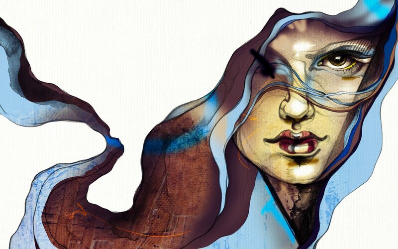 Woman with Flowing Hair — Blue, Dramatic, Digital Art, Face, Eyes