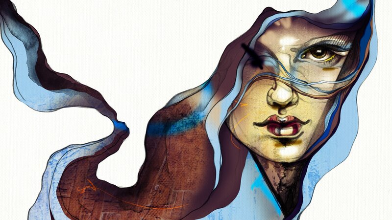 Woman with Flowing Hair — Blue, Dramatic, Digital Art, Face, Hood