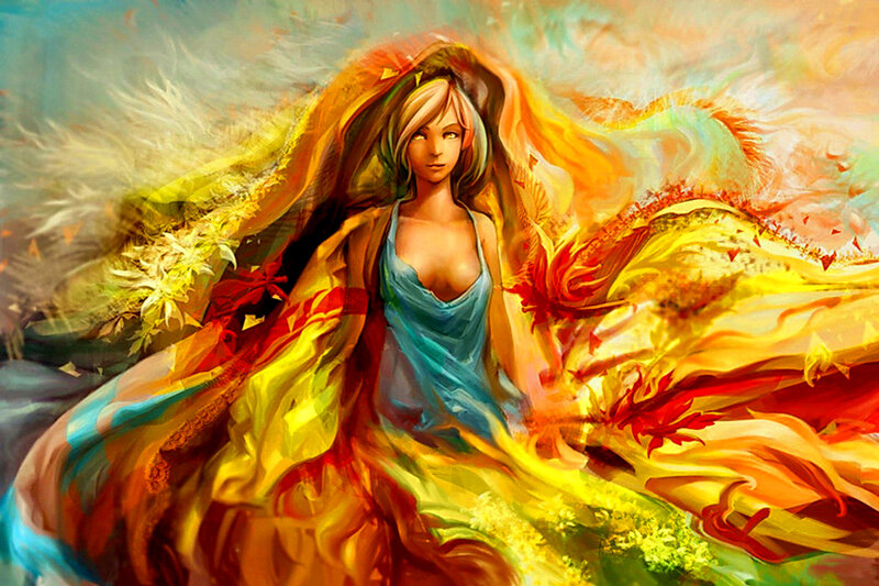 Woman with Flowing Hair — Blue, Dramatic, Digital Art, Fire