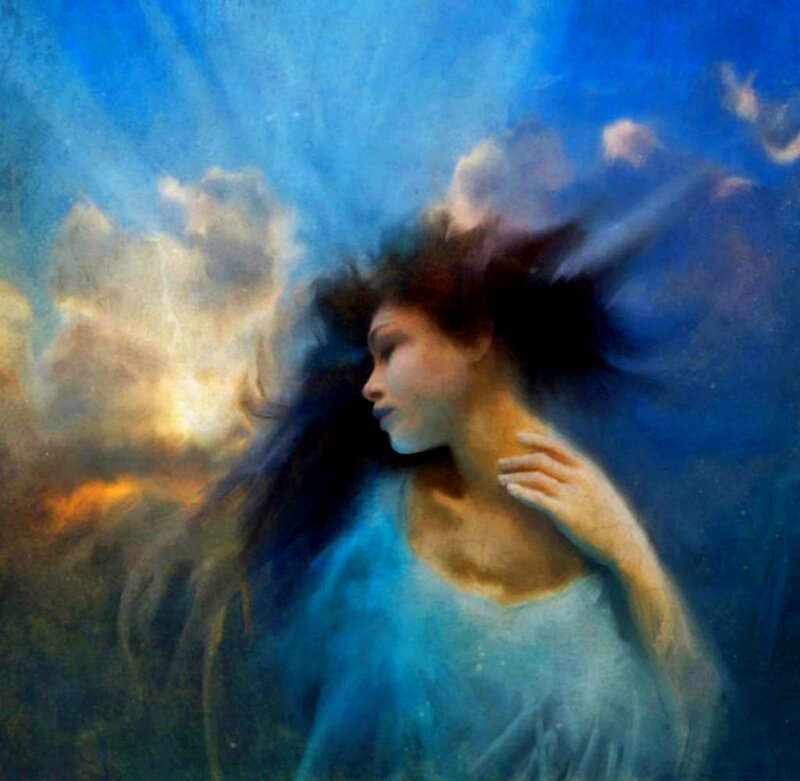 Woman with Flowing Hair — Blue, Dramatic, Sunset