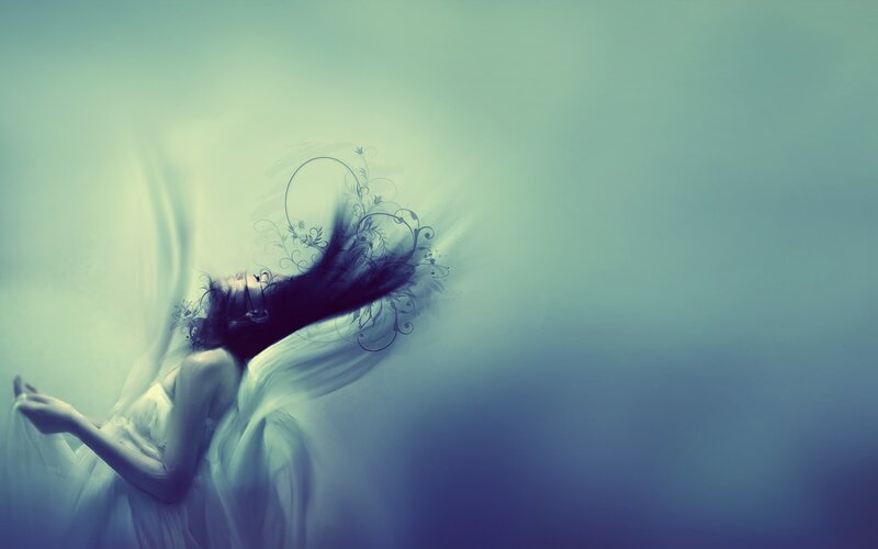 Woman with Flowing Hair — Blue, Dreamy, Digital Art