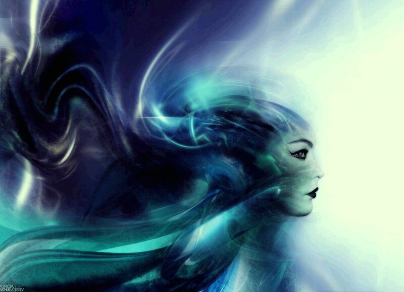 Woman with Flowing Hair — Blue, Ethereal, Digital Art