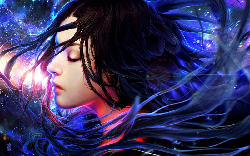 Woman with Flowing Hair — Blue, Serene, Digital Art