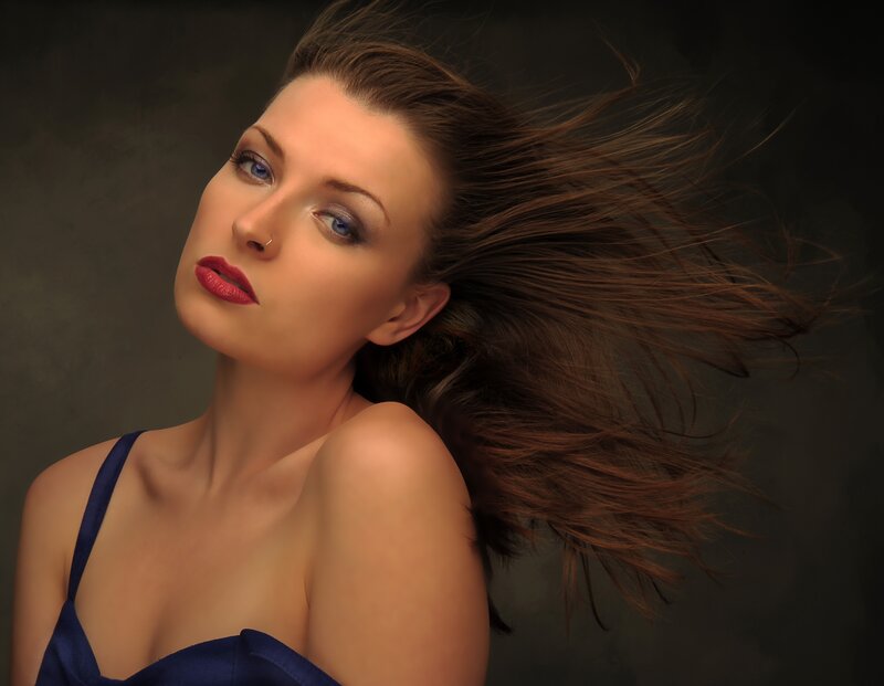 Woman with Flowing Hair — Brown, Dramatic, Photograph, Lipstick