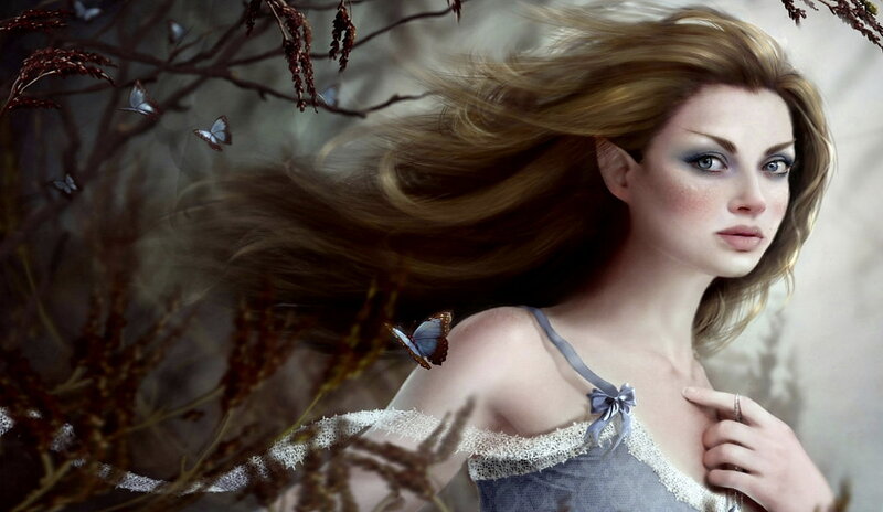 Woman with Flowing Hair — Brown, Serene, Digital Art, Butterflies