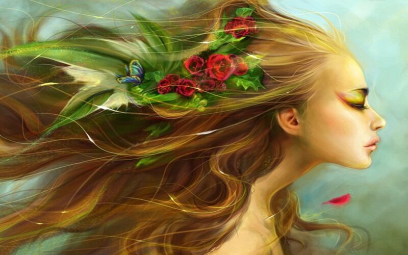 Woman with Flowing Hair — Brown, Serene, Digital Art, Roses