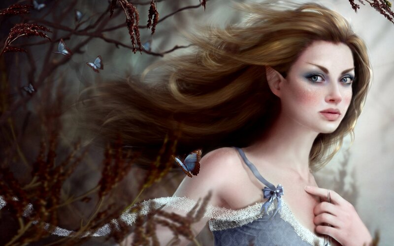 Woman with Flowing Hair — Brown, Serene, Digital Art