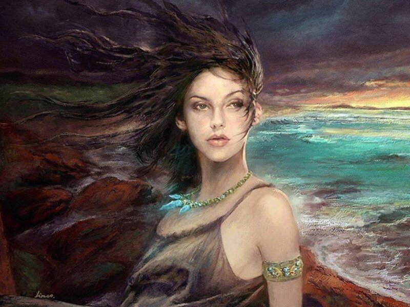 Woman with Flowing Hair — Green, Dramatic