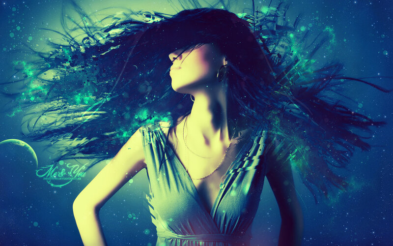woman with flowing hair in space