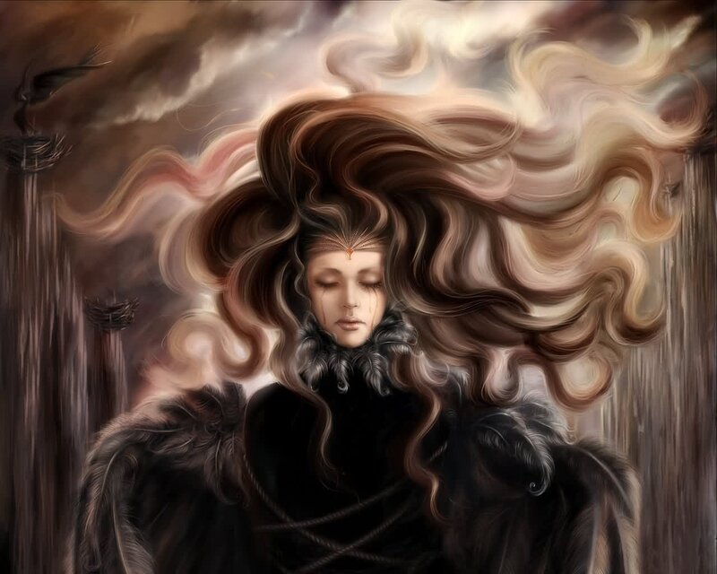 woman with flowing hair in storm