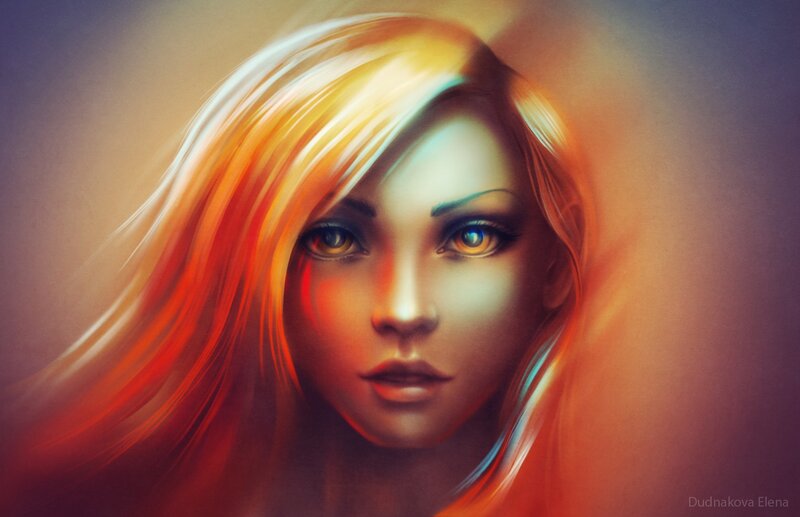 Woman with Flowing Hair — Orange, Dramatic, Digital Art