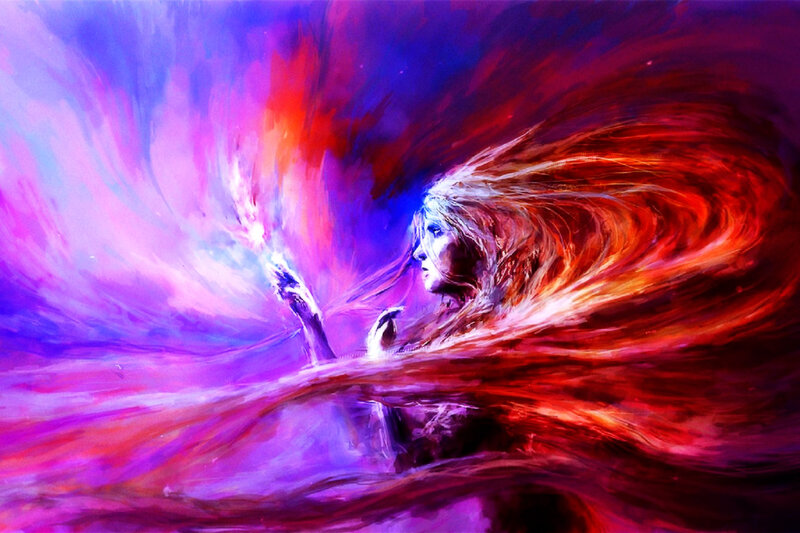 Woman with Flowing Hair — Purple, Dramatic, Digital Art, Light, Energy