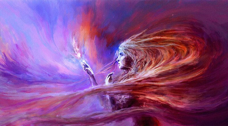 Woman with Flowing Hair — Purple, Dramatic, Digital Art, Light