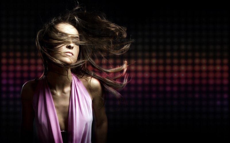 Woman with Flowing Hair — Purple, Dramatic, Night, Photograph