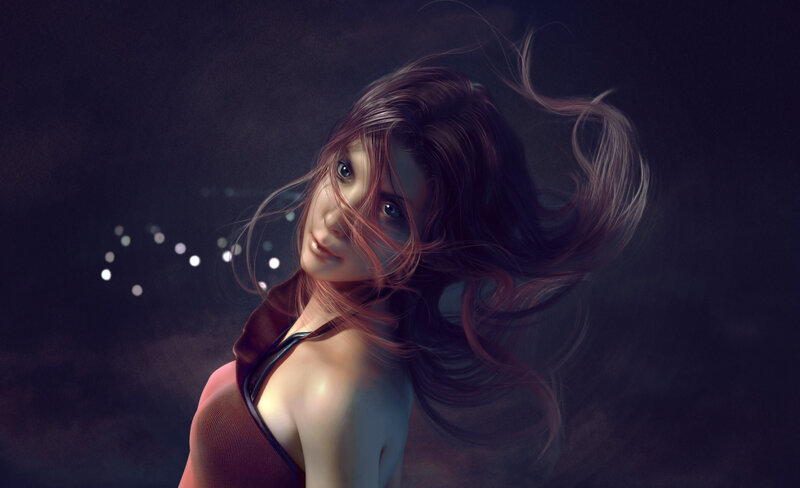 Woman with Flowing Hair — Purple, Dramatic, Night