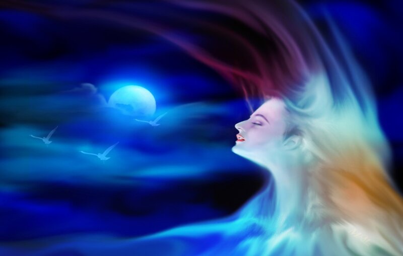 woman with flowing hair under moonlight