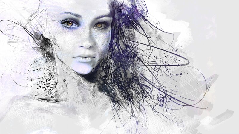 Woman with Flowing Hair — White, Dramatic, Digital Art