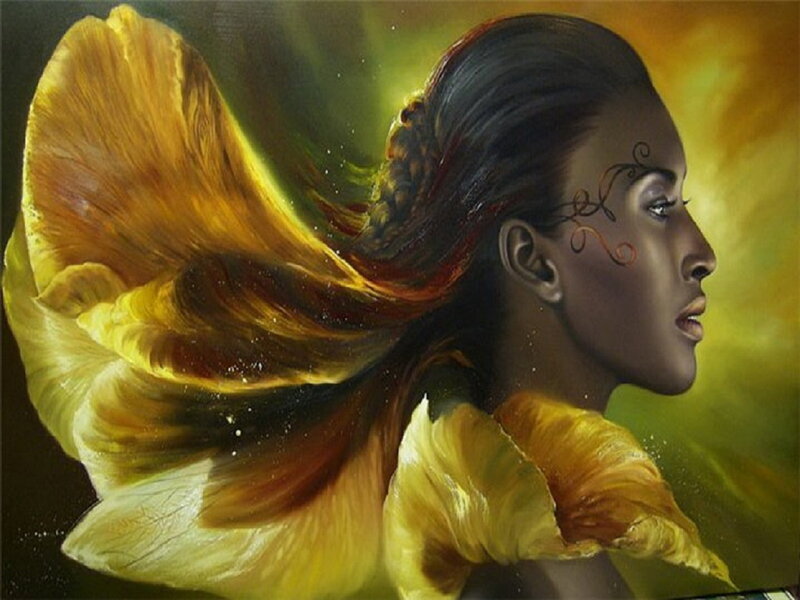 Woman with Flowing Hair — Yellow, Dramatic, Painting