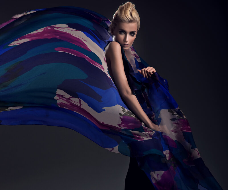 Woman with Flowing Scarf — Blue, Dramatic, Photograph