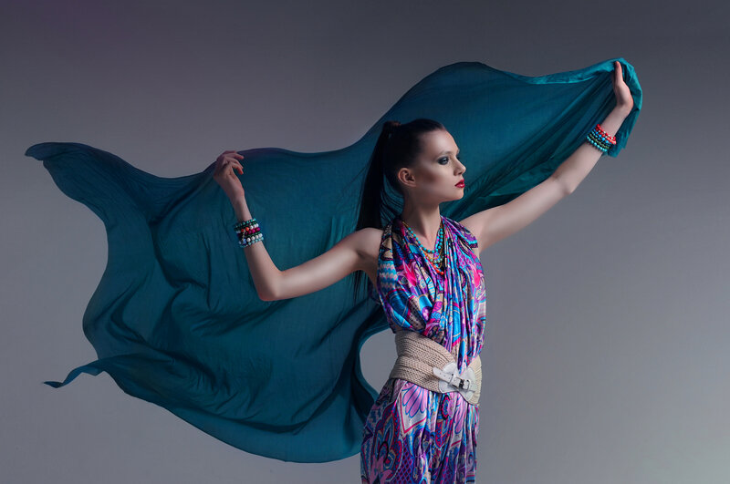 Woman with Flowing Scarf — Blue, Dramatic