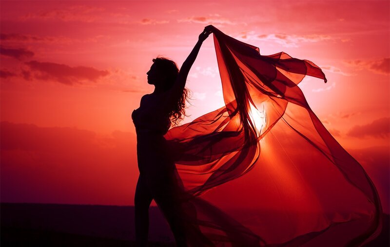 Woman with Flowing Scarf — Red, Dramatic