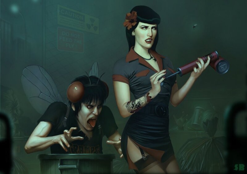 Woman with fly gun in lab