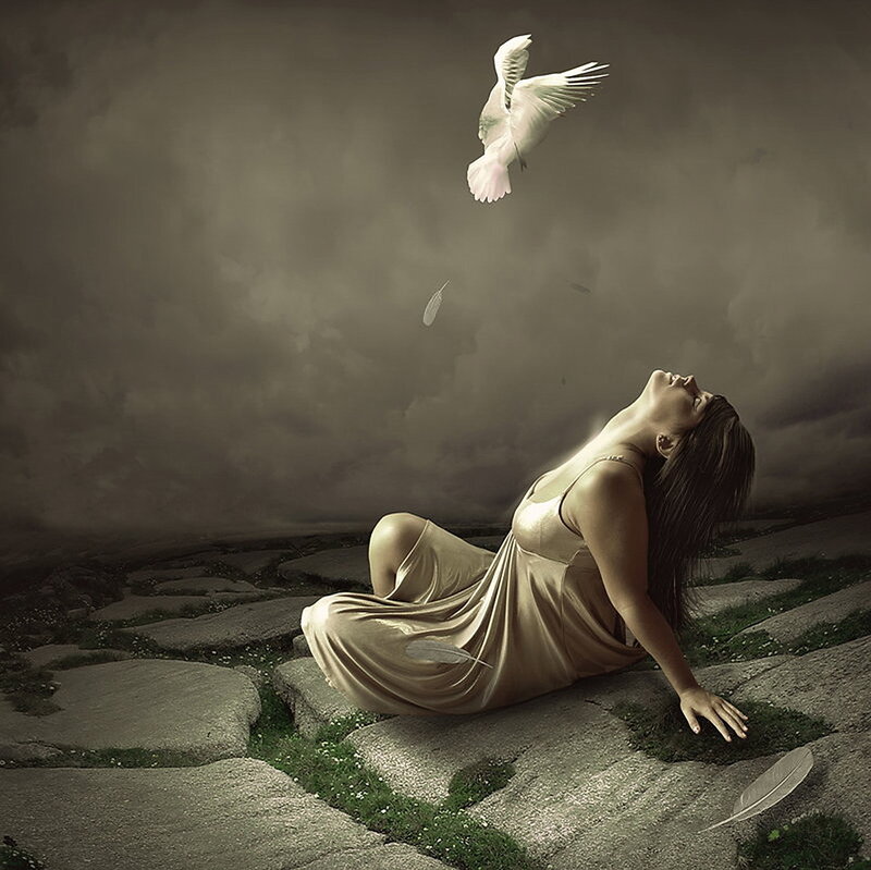 woman with flying dove