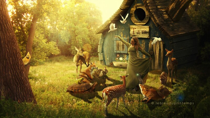 Woman with Forest Animals — Green, Serene, Afternoon, Digital Art