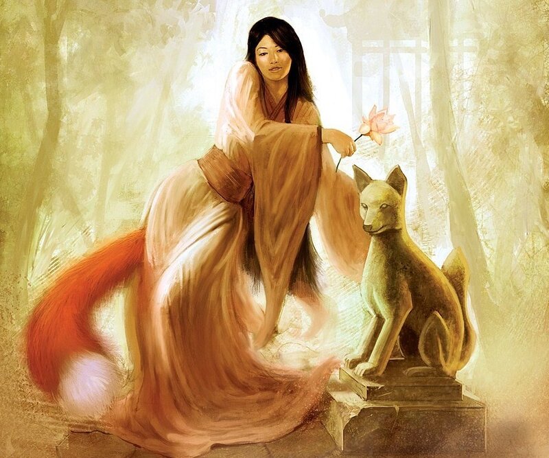 woman with fox and lotus flower