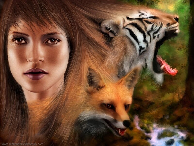 Woman with Fox and Tiger
