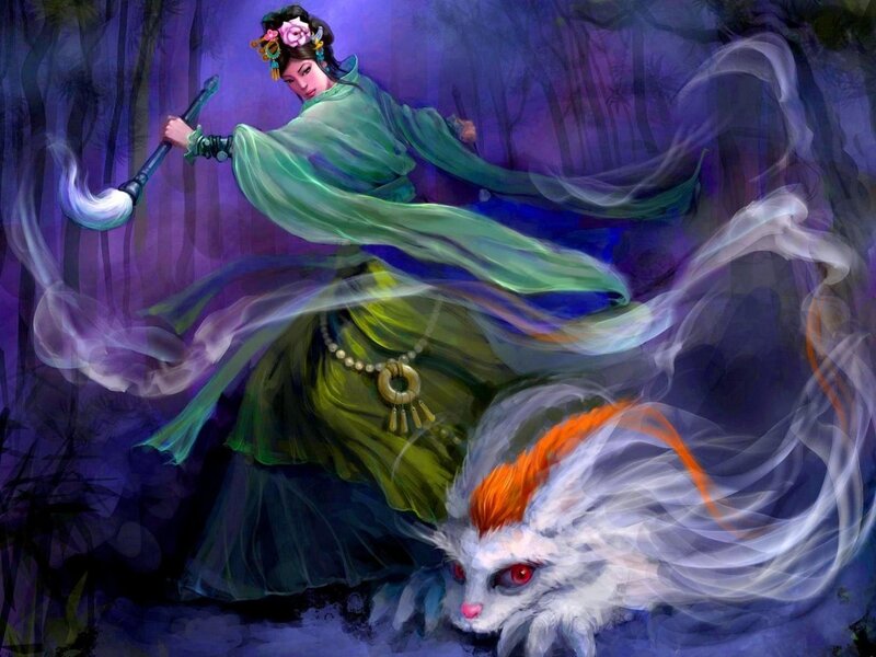 Woman with Fox Creature — Purple