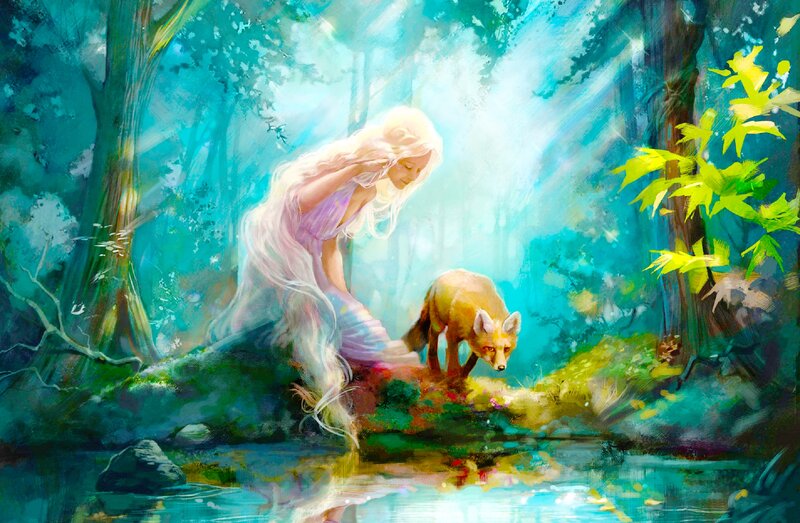 Woman with Fox in Forest — Blue