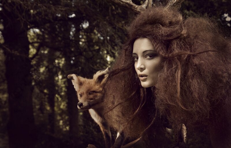 Woman with Fox in Forest — Brown, Dramatic