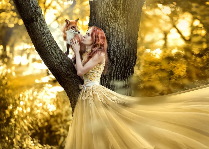 Woman with Fox in Forest — Gold