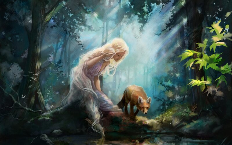 Woman with Fox in Forest — Green