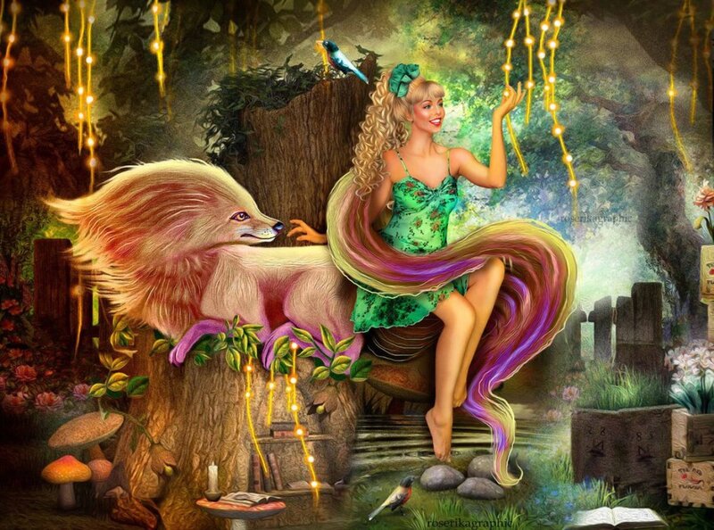 Woman with Fox in Forest — Green, Whimsical