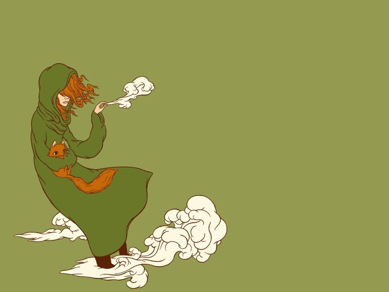 woman with fox in green cloak
