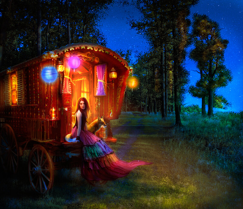 woman with fox in gypsy wagon