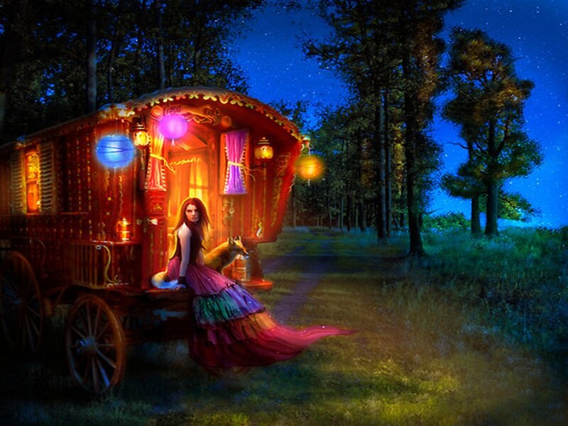 Woman with Fox on Wagon