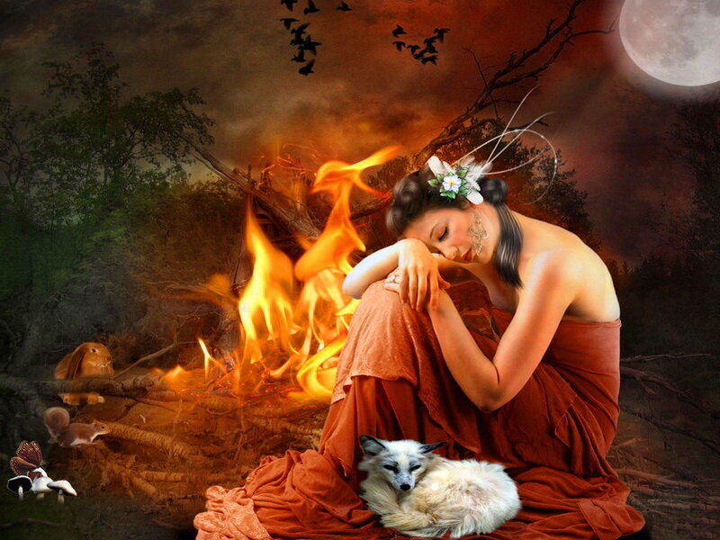 Woman with Fox — Orange, Dramatic, Night