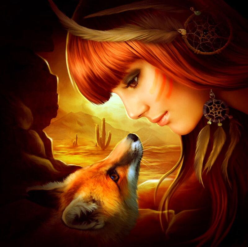 Woman with Fox — Orange, Serene