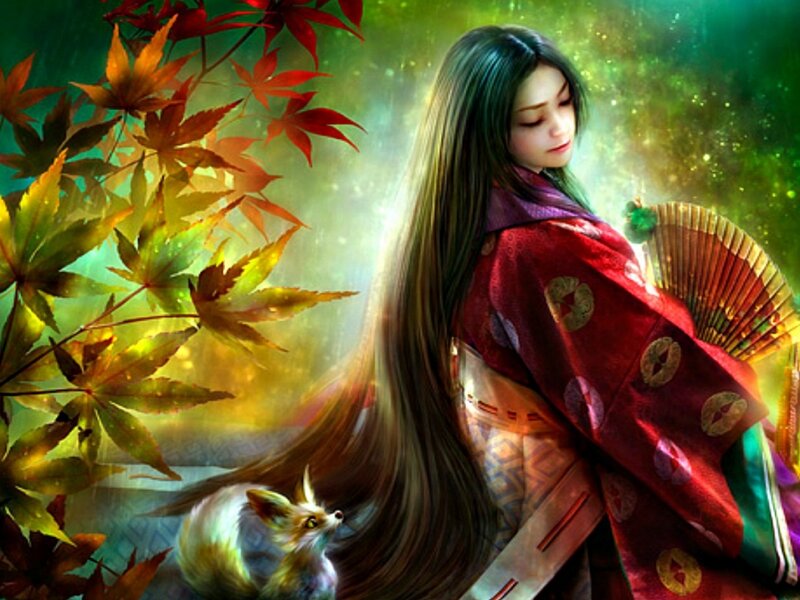 Woman with Fox — Red, Serene