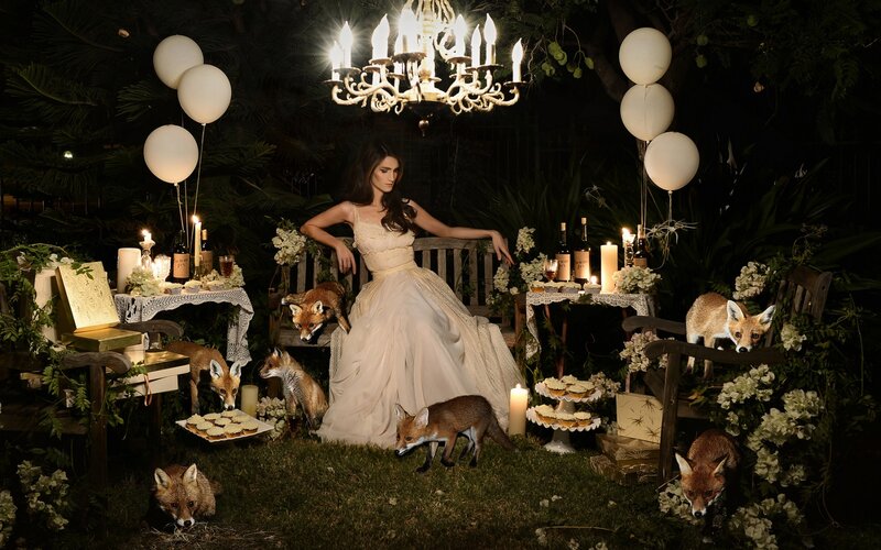 Woman with Foxes at Night